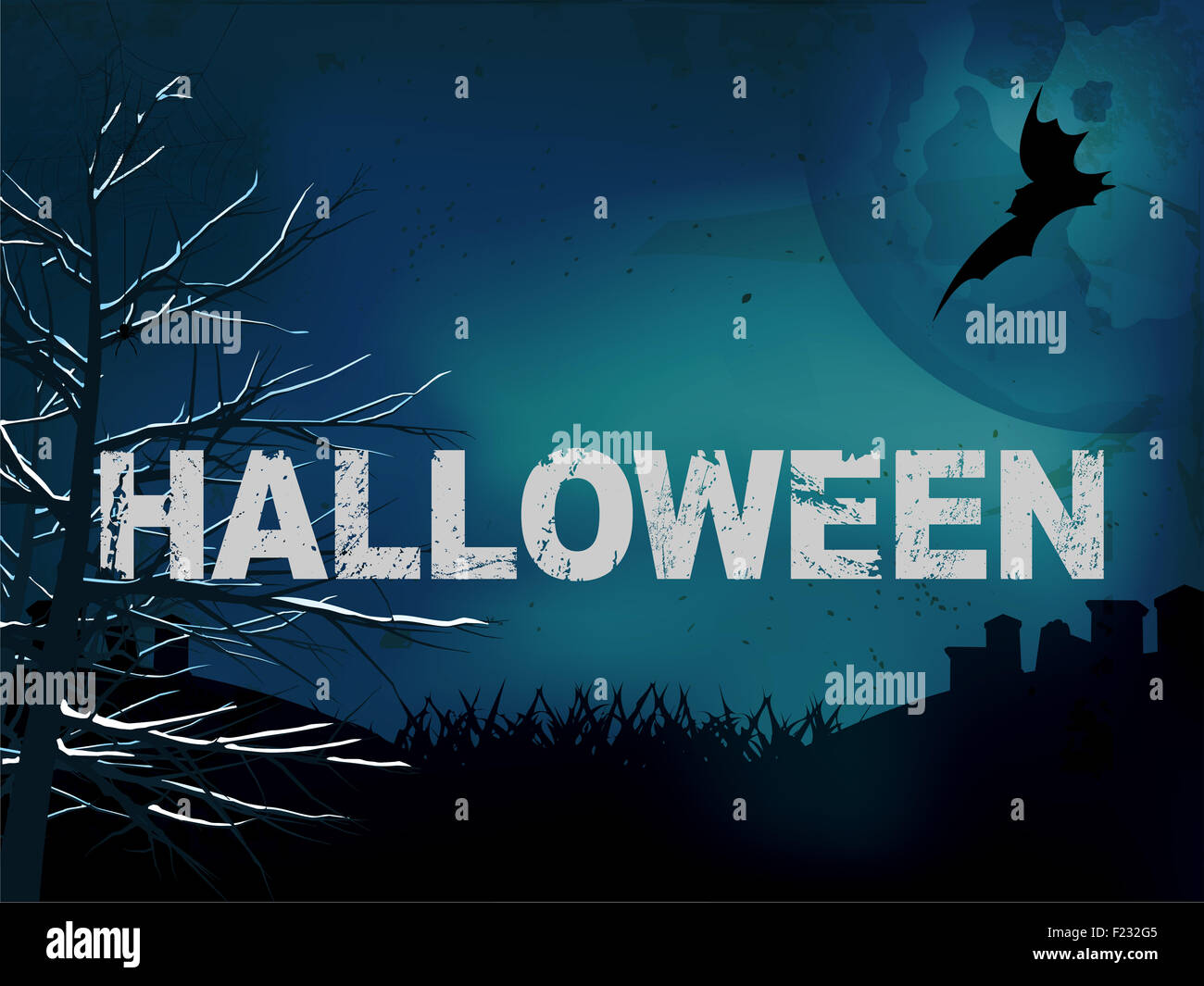 Halloween Grunge sfondo blu scuro con Bat Tree e cimitero Foto Stock