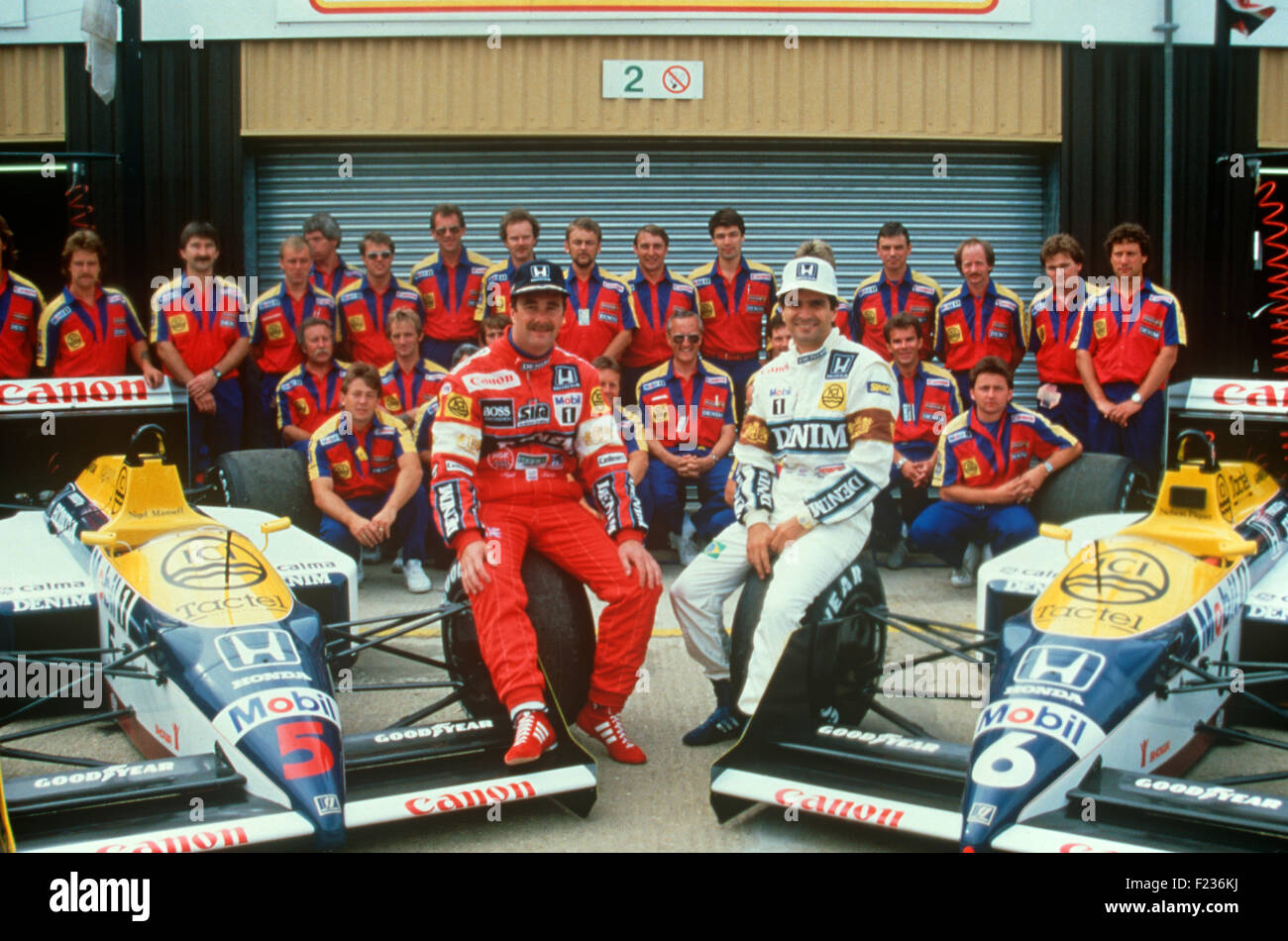 Mansell e Piquet circa 1987 Williams Honda turbocompresso V6 automobili Foto Stock