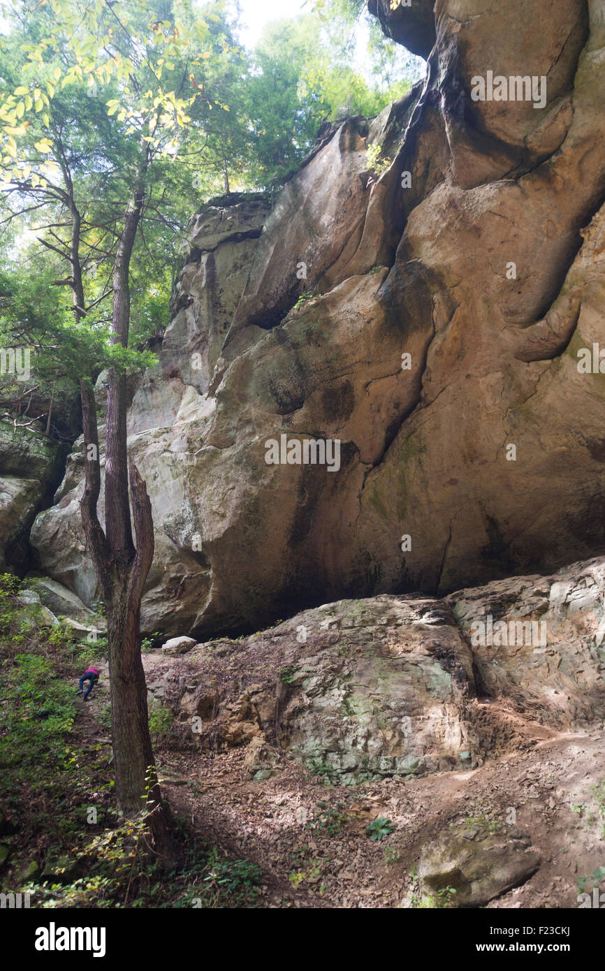 La ragazza si arrampica su un ripido sentiero della distanza in una foresta con dimensioni giganti di roccia sulla sporgenza a sbalzo la cicuta scogliere trail Foto Stock