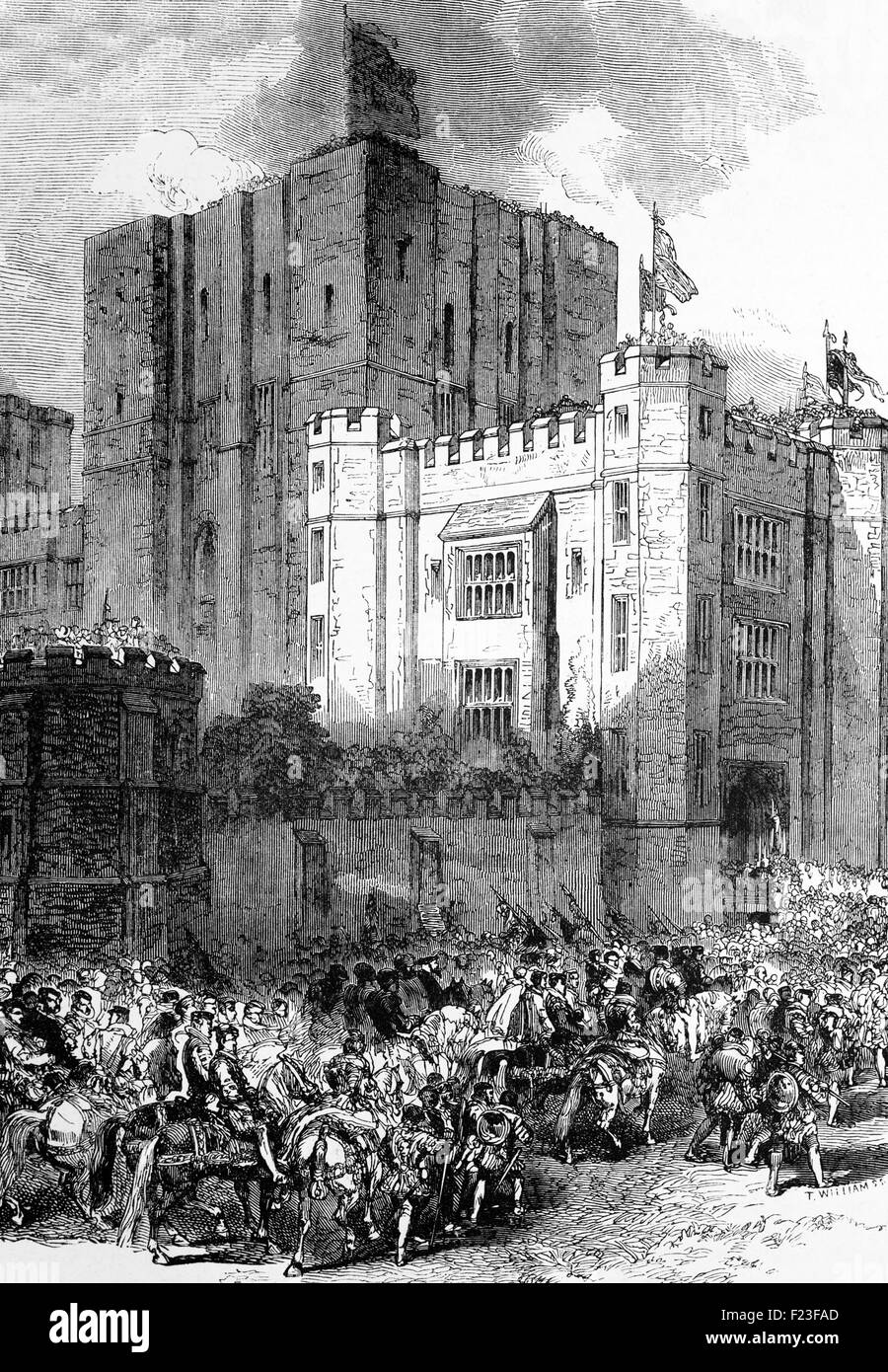 Un accoglienza riservata alla Regina Elisabetta I nel corso della sua ultima visita al Castello di Kenilworth, Warwickshire nel 1575 quando Robert Dudley, Earl di Leicester, ha cercato di impressionare Elizabeth nel tentativo di convincerla a sposare lui - non è servito a nulla. Foto Stock