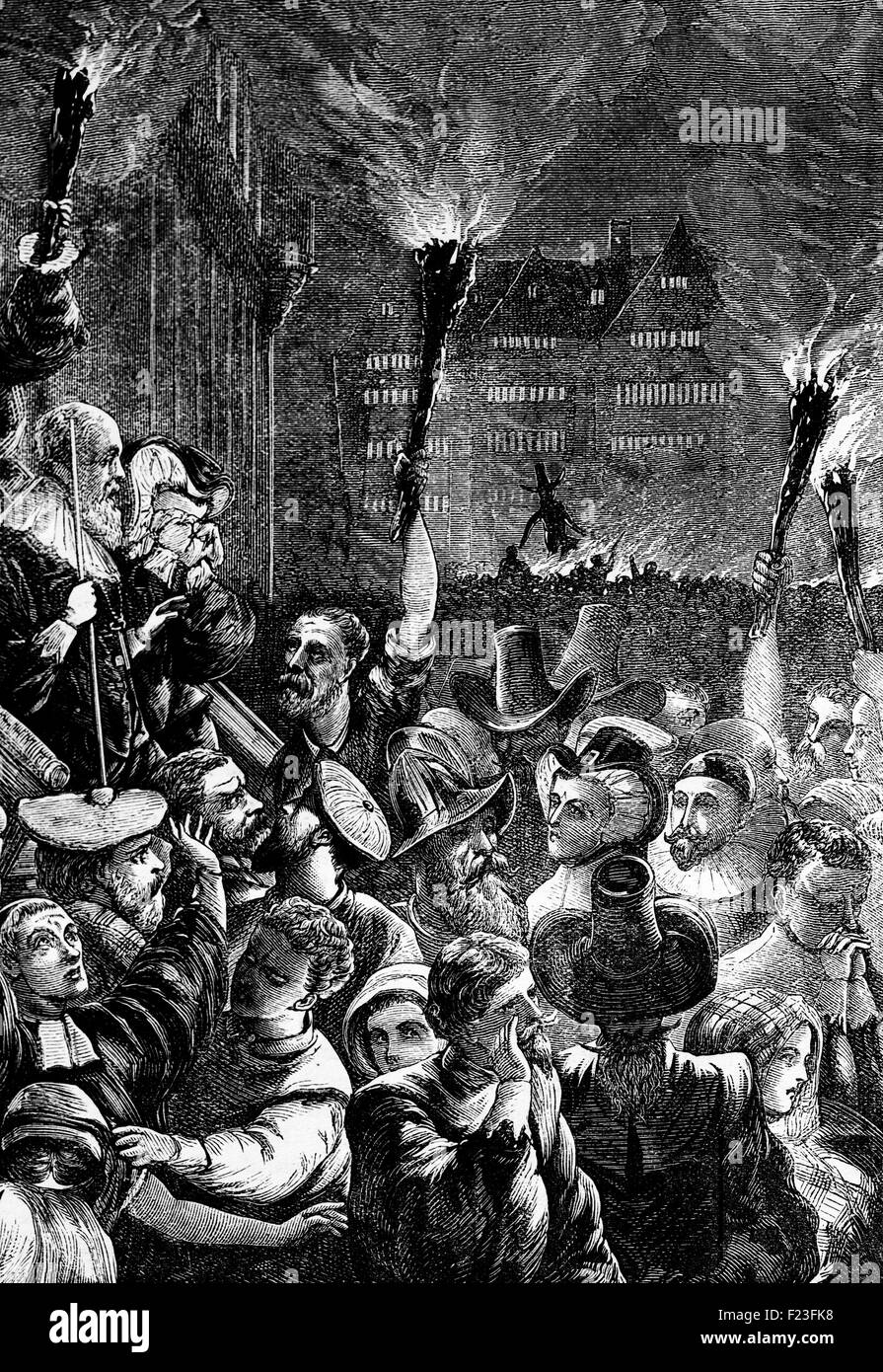 Guy Fawkes notte conosciuta come Notte dei falò in 1611. Si tratta di un evento annuale, principalmente in Inghilterra, per commemorare gli avvenimenti del 5 novembre 1605, quando Guy Fawkes, un membro della polvere da sparo Plot, fu arrestato mentre custodendo esplosivi i cospiratori avevano posto al di sotto della House of Lords. Foto Stock