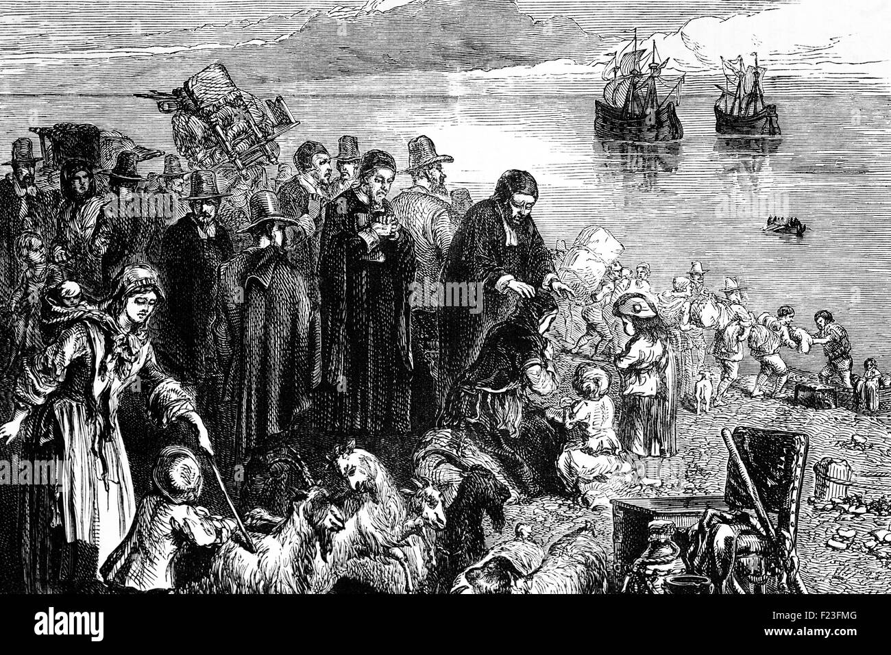 Puritans imbarcarsi per le colonie; tra il 1630 e il 1640 oltre 13.000 uomini, donne e bambini ha navigato a Massachusetts. Foto Stock