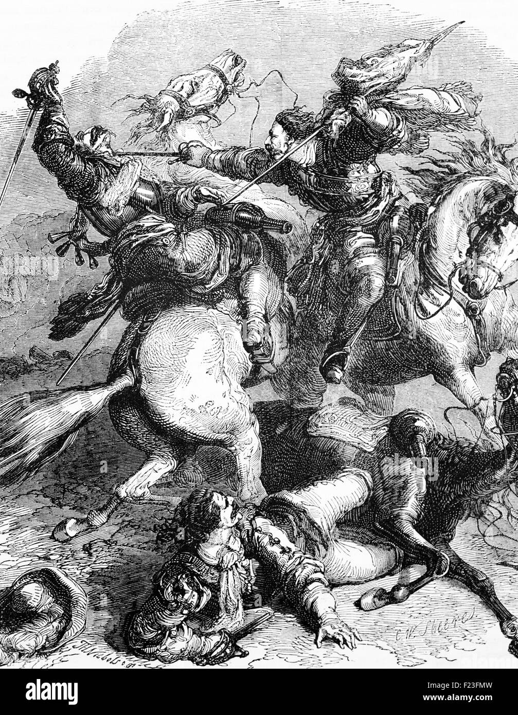 Una lotta per lo standard nella battaglia di Edgehill (o bordo Hill) nel sud del Warwickshire, che è stato il primo piantò battaglia della Prima Guerra Civile Inglese ha combattuto su Domenica, 23 ottobre 1642. Foto Stock
