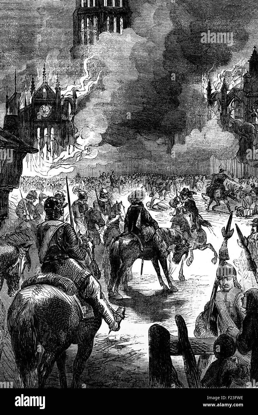 Il Grande Incendio di Londra, un grande conflagrazione che spazzato attraverso le parti centrali della città inglese di Londra a partire da domenica 2 settembre a mercoledì 5 settembre 1666. Il fuoco senza visceri la città medievale di Londra all'interno del vecchio muro di cinta romano. Esso distrutto 13,200 case, 87 chiese parrocchiali e la Cattedrale di St Paul mostrato qui. Si stima che hanno distrutto le case di 70.000 in una città di 80.000 abitanti. Foto Stock