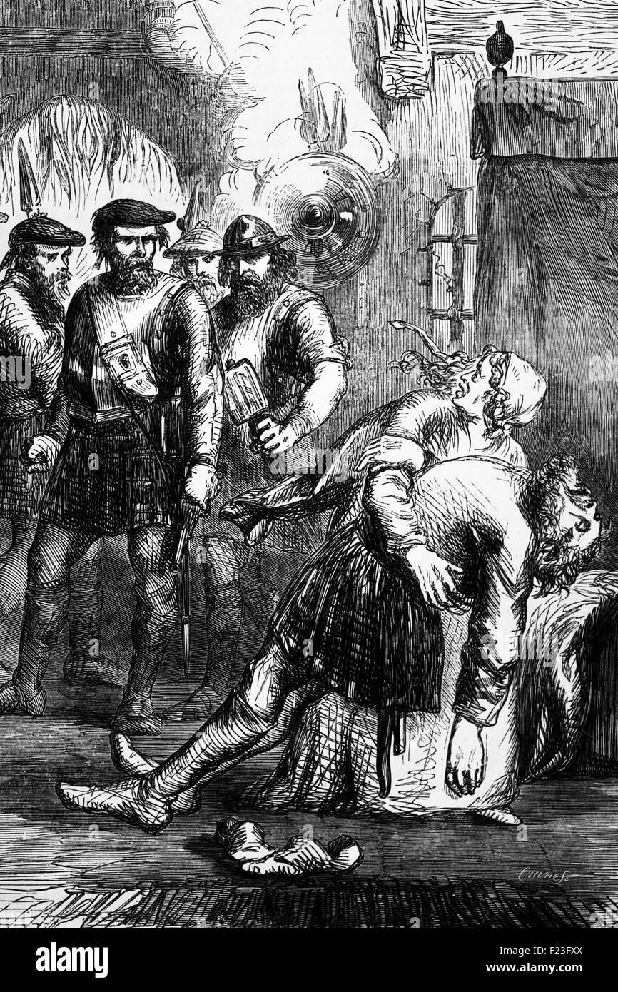 La morte di MacIan, gli anziani il capo del clan MacDonald durante il massacro di Glencoe in Lochaber, Highland, Scozia. Esso ha avuto luogo il 13 febbraio 1692, all indomani della gloriosa rivoluzione e la rivolta giacobita di 1689 guidato da John Graham di Claverhouse. Foto Stock