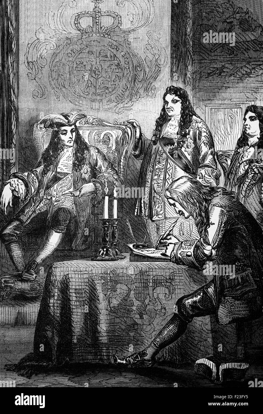 L'interrogatorio di Brigadier-General Sir Thomas Prendergast, fatta prima Baronet dopo aver informato di re Guglielmo III di un complotto per agguato del re in pullman a Turnham Green da Sir George Barclay. Foto Stock