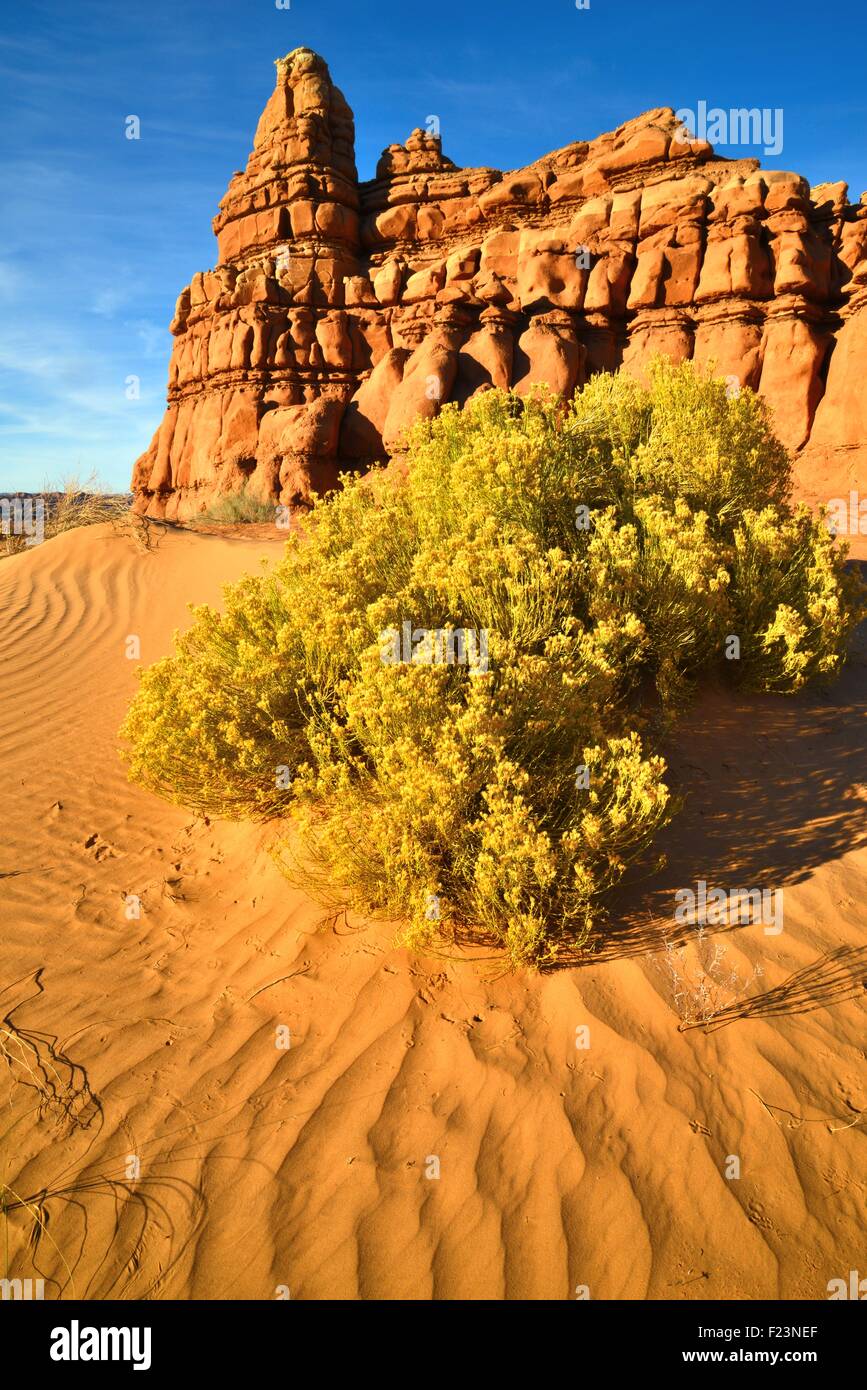 Castello come formazioni rocciose lungo l'autostrada 24 vicino a Hanksville, Utah, nella città di San Rafael deserto. Foto Stock
