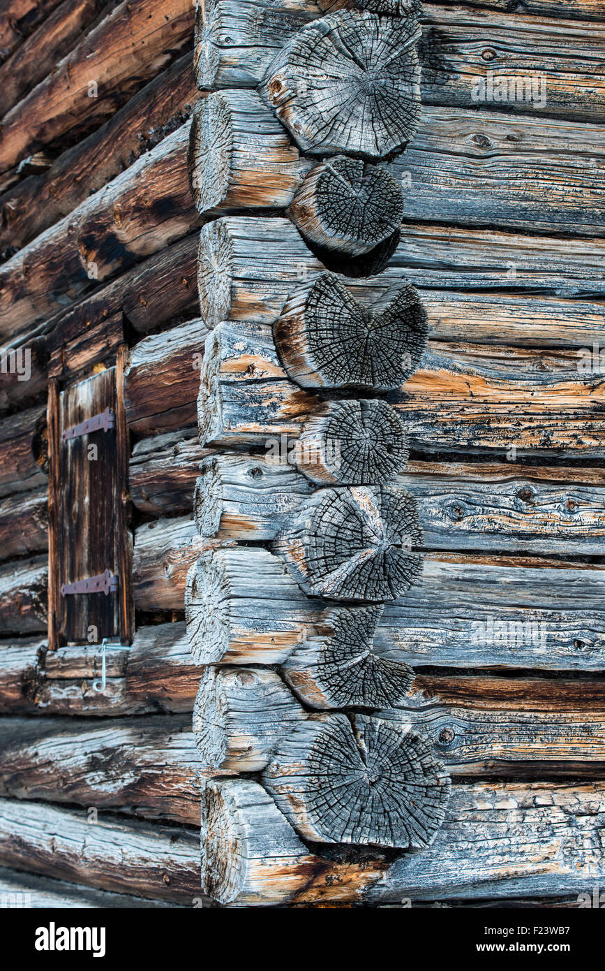 Weathered travi in legno, chalet in legno, Sertig-Dörfli, Davos, nel Canton Grigioni, Svizzera Foto Stock