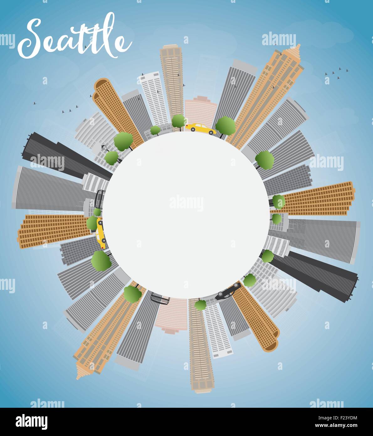 Seattle skyline della città con edifici grigi, Blu Cielo e spazio di copia. Illustrazione Vettoriale Illustrazione Vettoriale