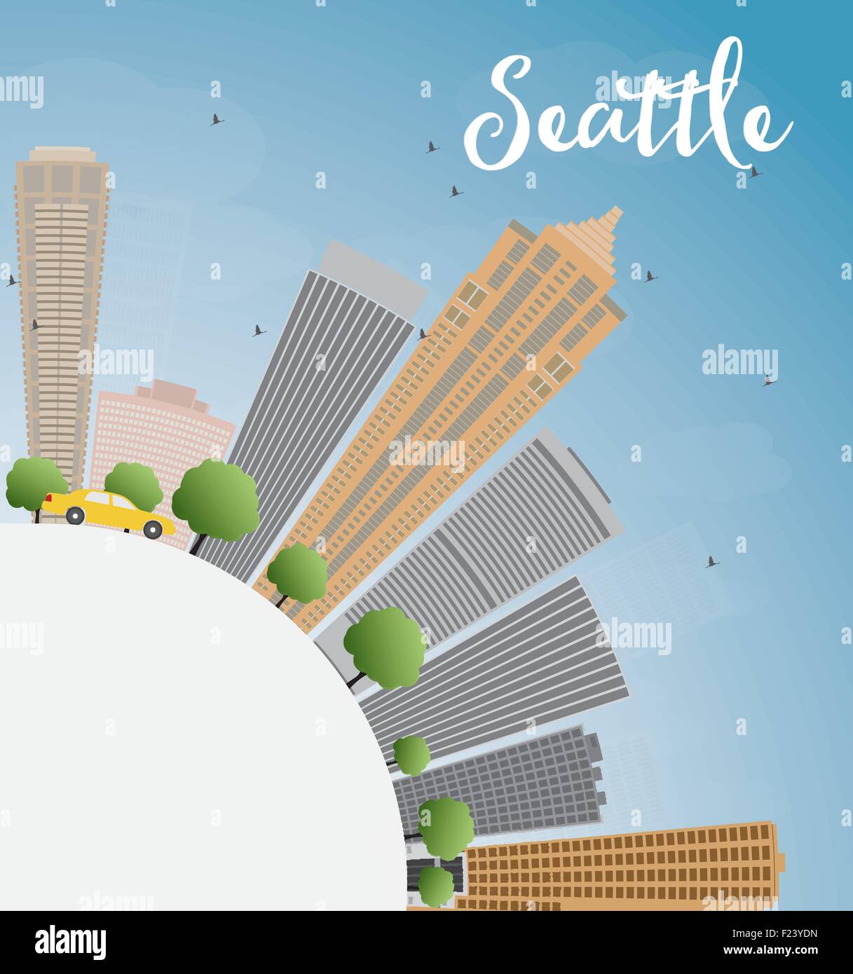 Seattle skyline della città con edifici grigi, Blu Cielo e spazio di copia. Illustrazione Vettoriale Illustrazione Vettoriale