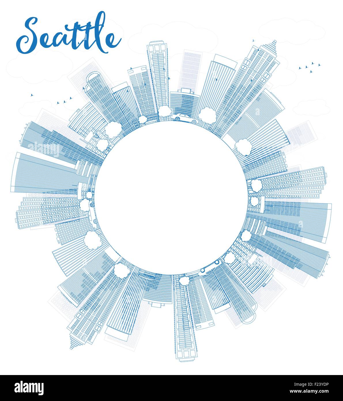 Profilo Seattle skyline della città con edifici blu e copia di spazio. Illustrazione Vettoriale Illustrazione Vettoriale