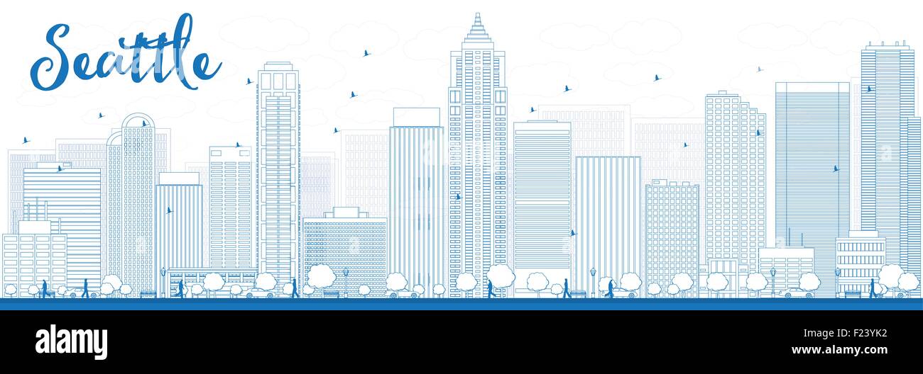 Profilo Seattle skyline della città con edifici di colore blu. Illustrazione Vettoriale Illustrazione Vettoriale