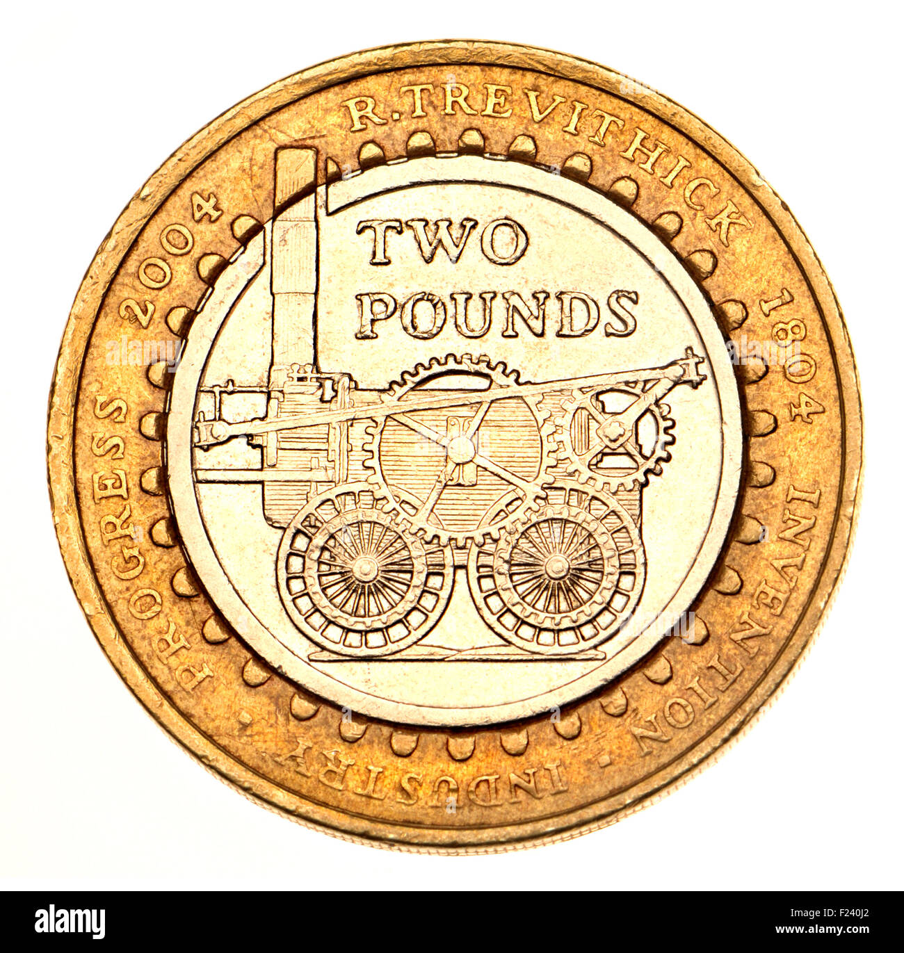 British commemorative 2 sterline moneta (2004) celebra il bicentenario della prima locomotiva a vapore da Richard Trevithick Foto Stock