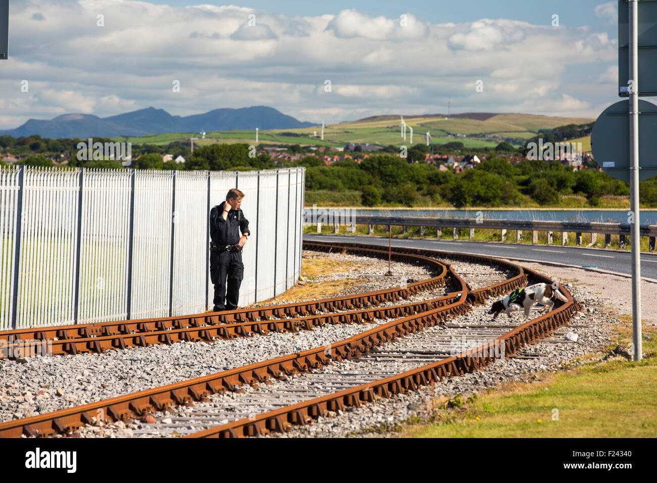 Un uomo di polizia con sniffer dog cancella i binari ferroviari in preparazione per la movimentazione dei furbi, un astuto classe hunter killer, nucleare sottomarino da BAE Systems di Barrow in Furness fino alla base di Faslane in Scozia, Regno Unito. Foto Stock