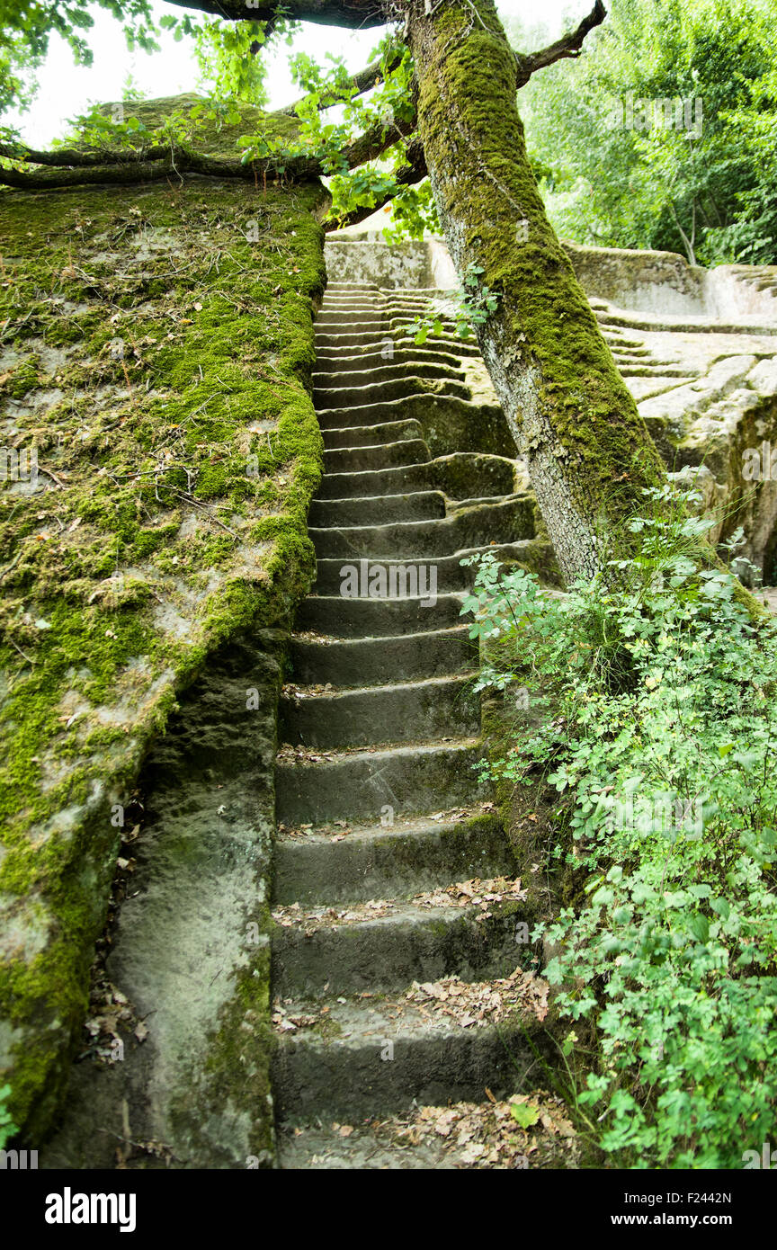 Antica piramide etrusca nella foresta italiana, Bomarzo, Italia Foto Stock
