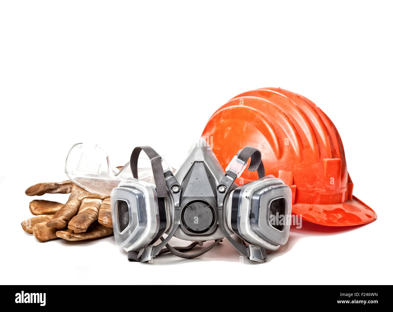 Casco, occhiali di protezione e guanti maschera Foto Stock