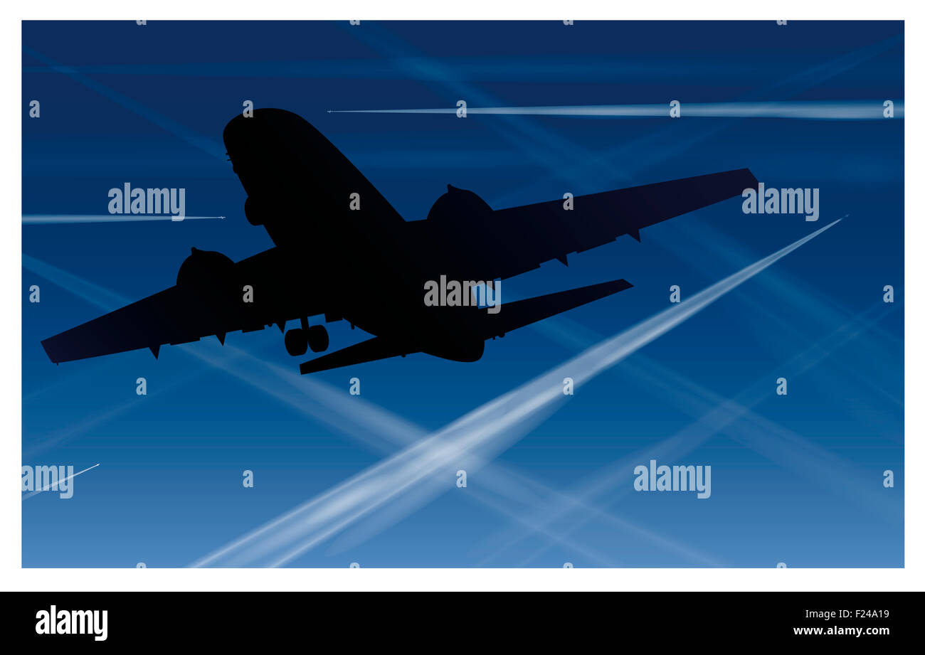 Aeroplani e molti contrails nel cielo blu, come un simbolo per l'inquinamento atmosferico. Illustrazione. Foto Stock
