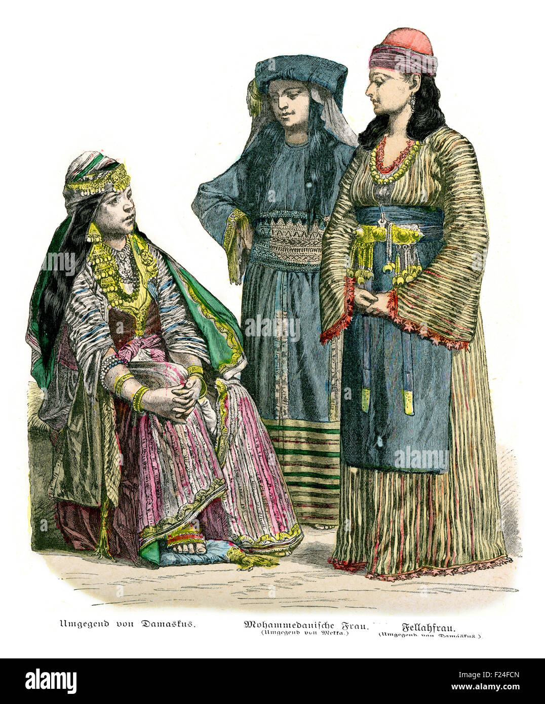 I costumi dell' epoca dell impero ottomano del XIX secolo le donne da Damasco, Mecca e Fellah donna Foto Stock