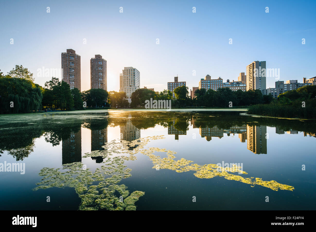 Tramonto su edifici e la Harlem Meer, a Manhattan, New York. Foto Stock