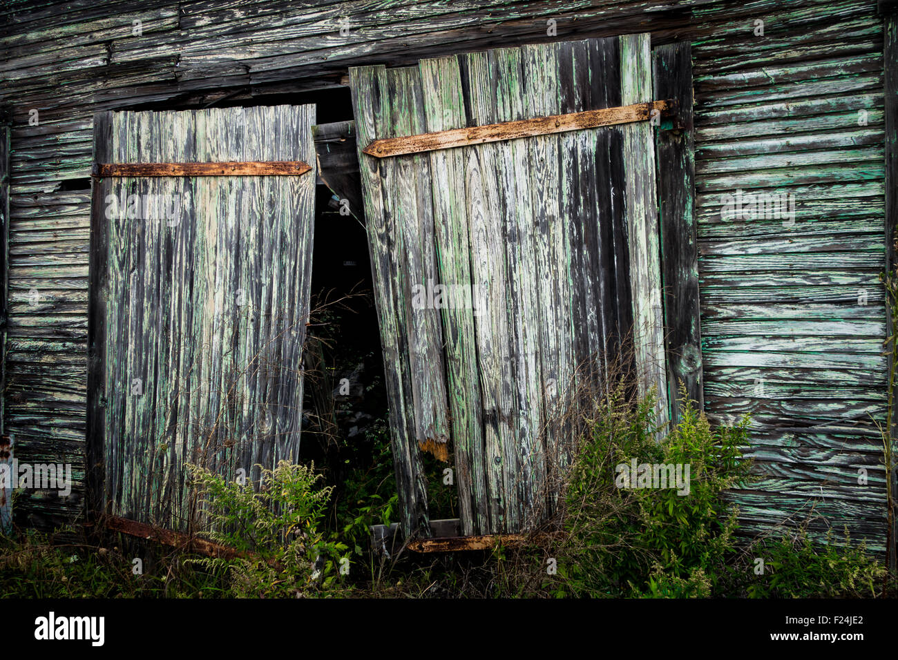 Porte a spiovente appendere socchiusa su un verde edificio in legno. Foto Stock