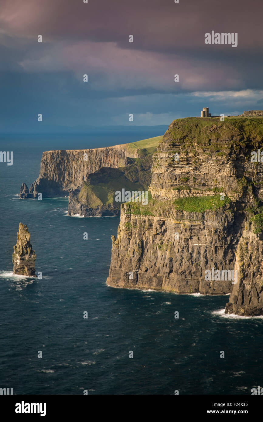 Impostazione della luce solare su scogliere di Moher , County Clare, Repubblica di Irlanda Foto Stock