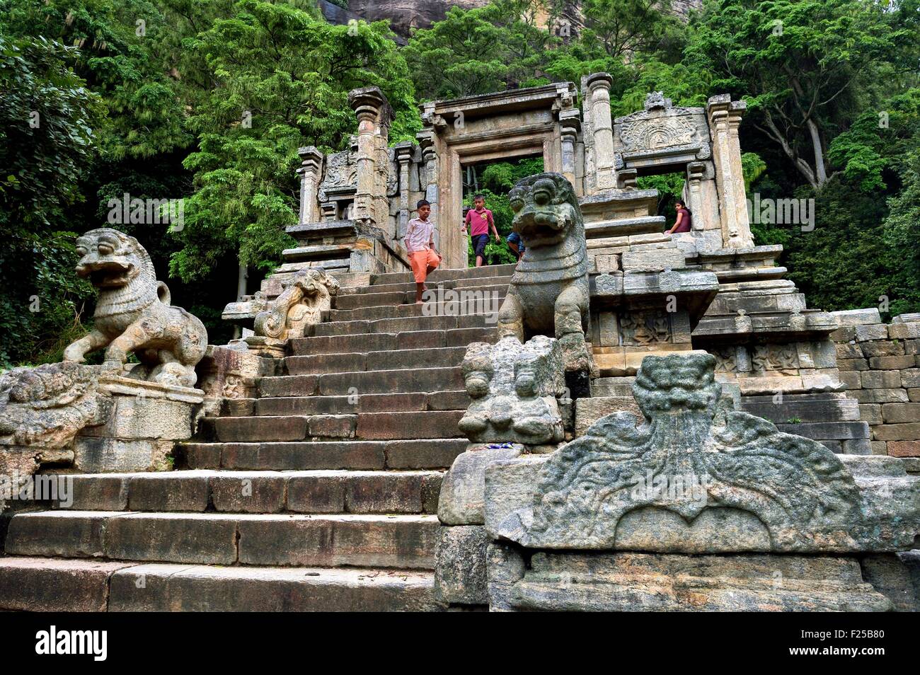 Sri Lanka, Nord provincia occidentale, la cittadella di Yapahuwa scalinata, effimero capitale del paese nel secolo13th, Lion scultura in pietra Foto Stock