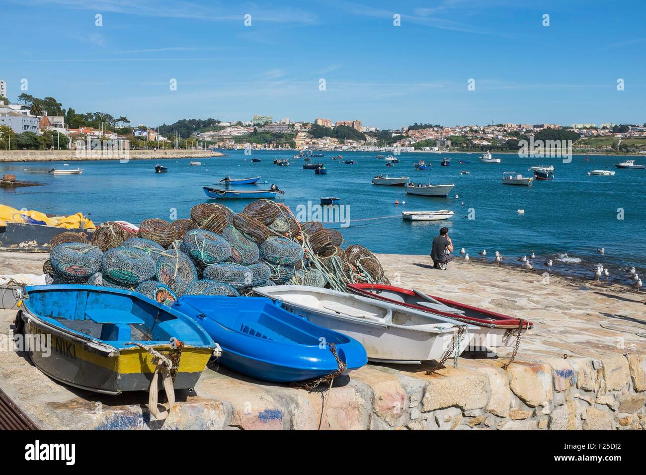 Il Portogallo, regione nord, Porto, fiume Douro estuario, Afurada villaggio di pescatori in background Foto Stock