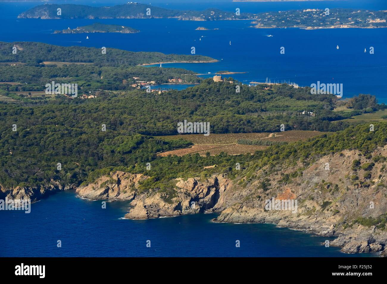 Francia, Var, Iles d'Hyeres, il Parc National de Port Cros (Parco Nazionale di Port Cros), isola di Porquerolles Costa Sud e Fort Saint-Agathe, il Grand Ribaub isola e la penisola di Giens in background (vista aerea) Foto Stock