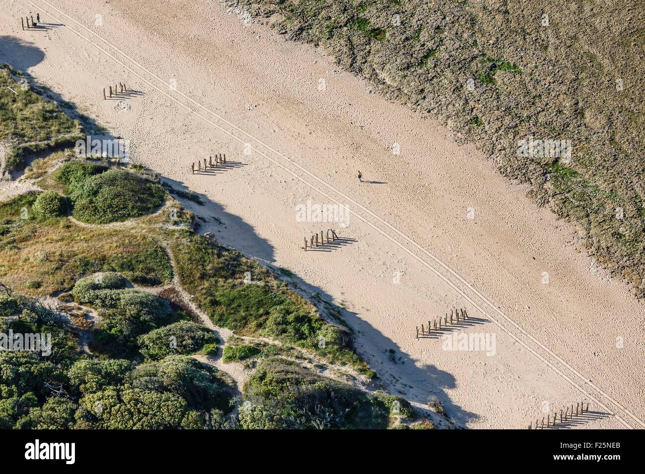Francia, Charente Maritime, Le grand village plage, pali di legno sulla spiaggia per proteggere la duna da erosione (vista aerea) Foto Stock