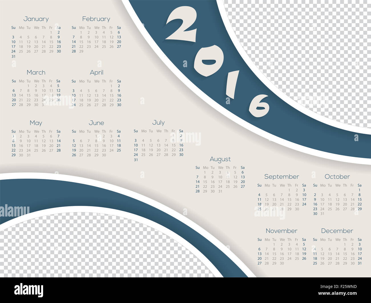 Calendario progettazione del modello con contenitore di foto per l'anno 2016 Foto Stock