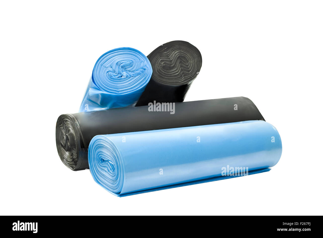 Degradabili in plastica blu e nero sacchi della spazzatura Foto Stock