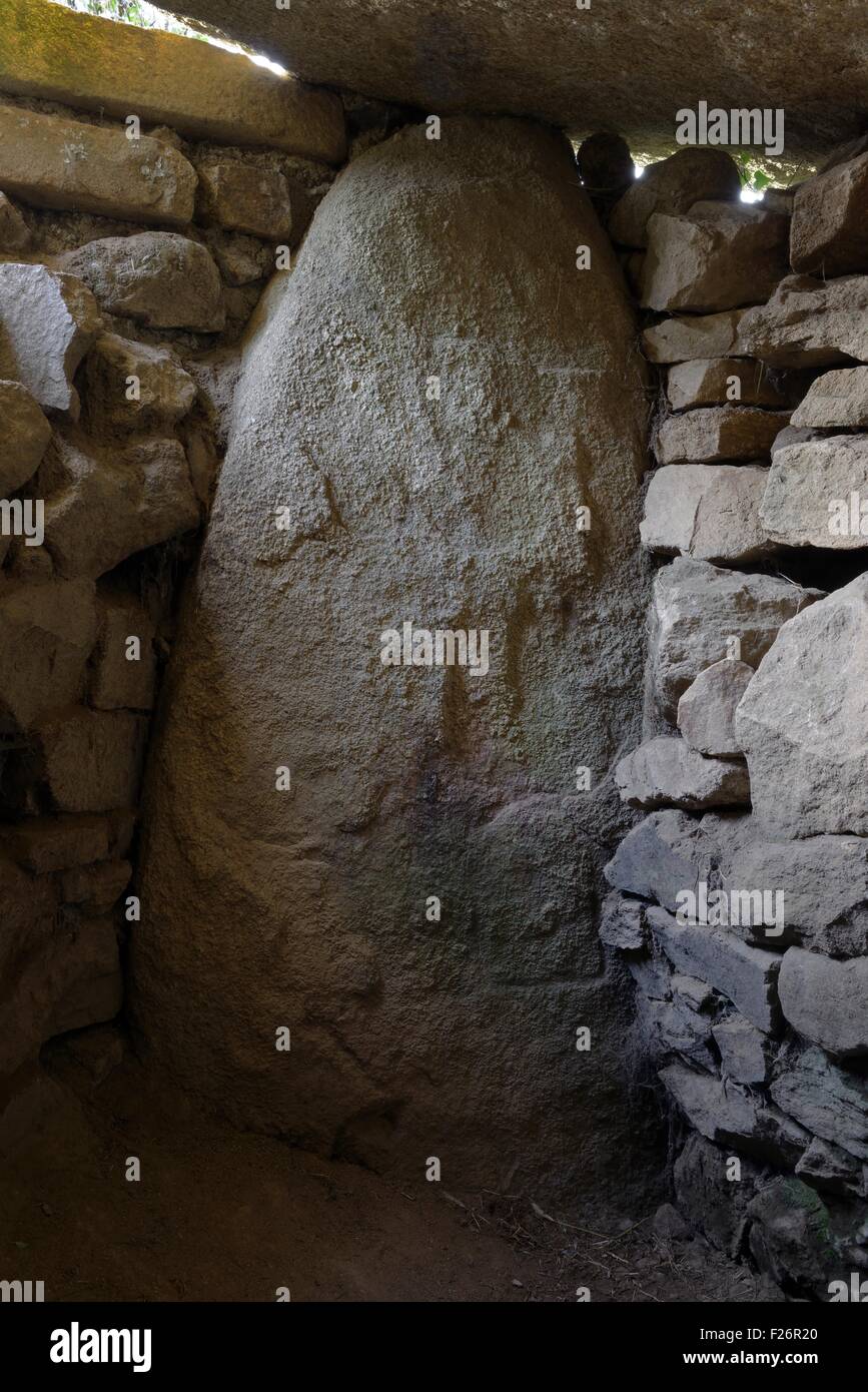 Neolitico antico tumulo della Grah-Niol a Arzon, Brittany, Francia. Una delle pietre scolpite dentro la camera di sepoltura Foto Stock