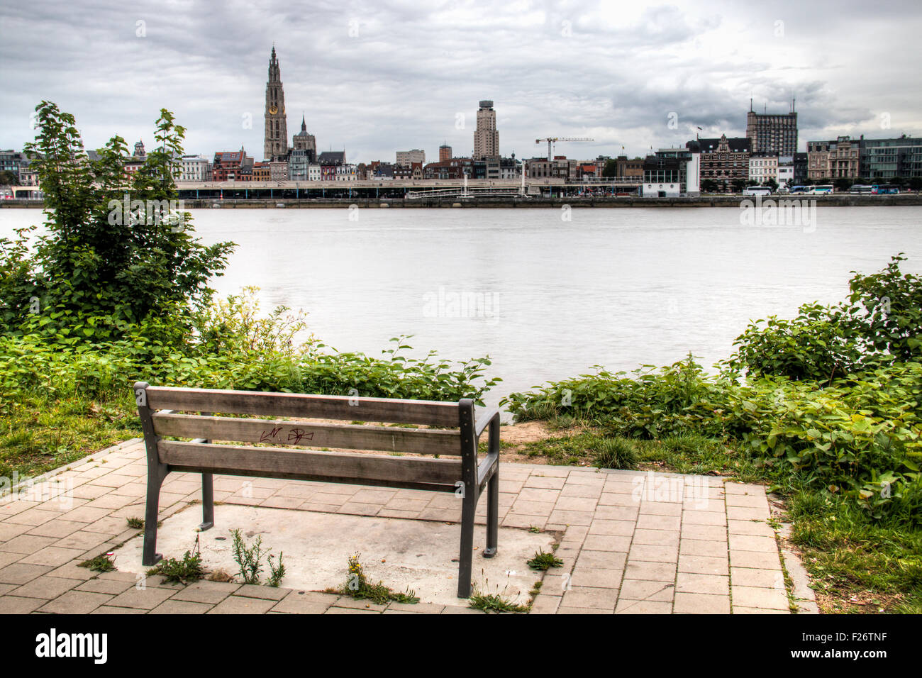 Banco di vuoto che si affaccia sulla skyline di Anversa con il fiume Schelde Foto Stock