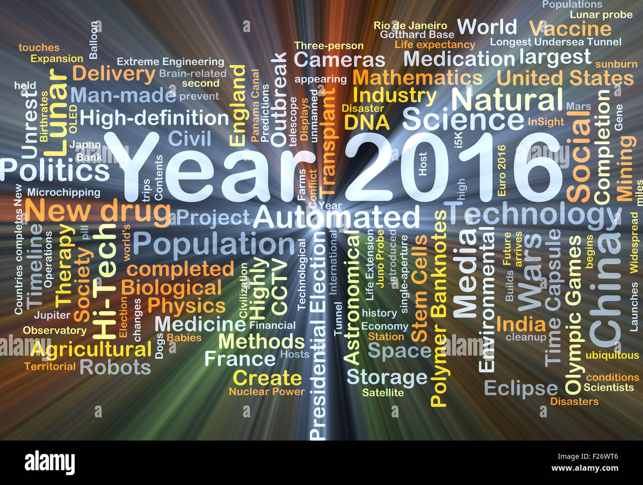 Concetto di sfondo wordcloud illustrazione dell'anno 2016 Luce incandescente Foto Stock