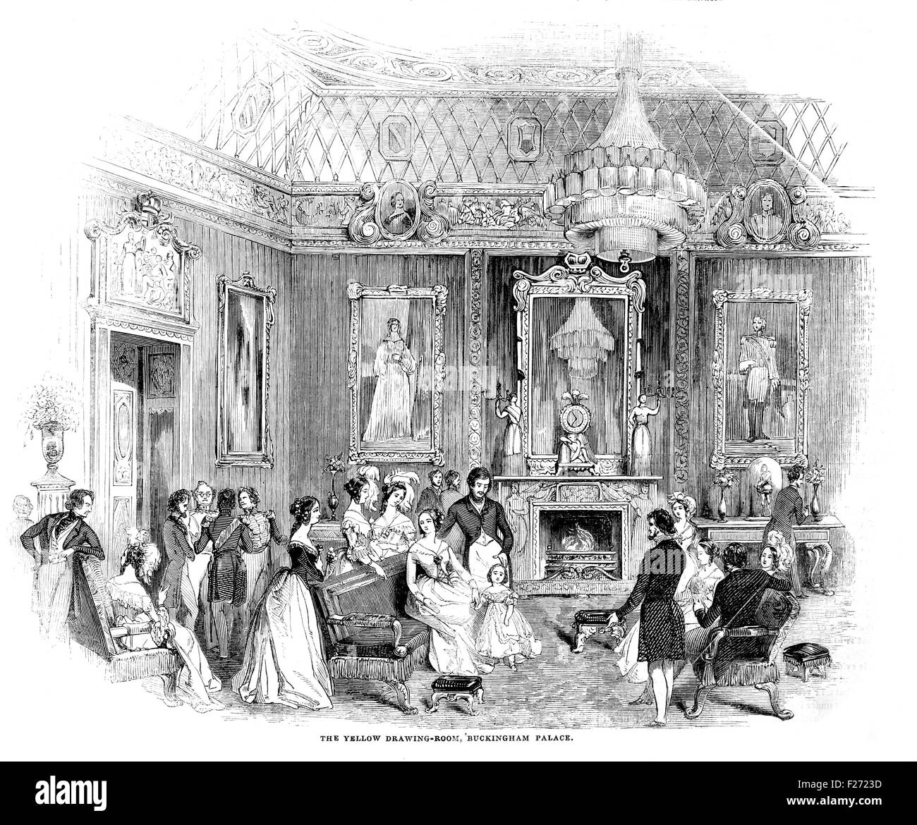 Il disegno di colore giallo-camera, Buckingham Palace; Illustrated London News luglio 1844; Bianco e Nero illustrazione; Foto Stock