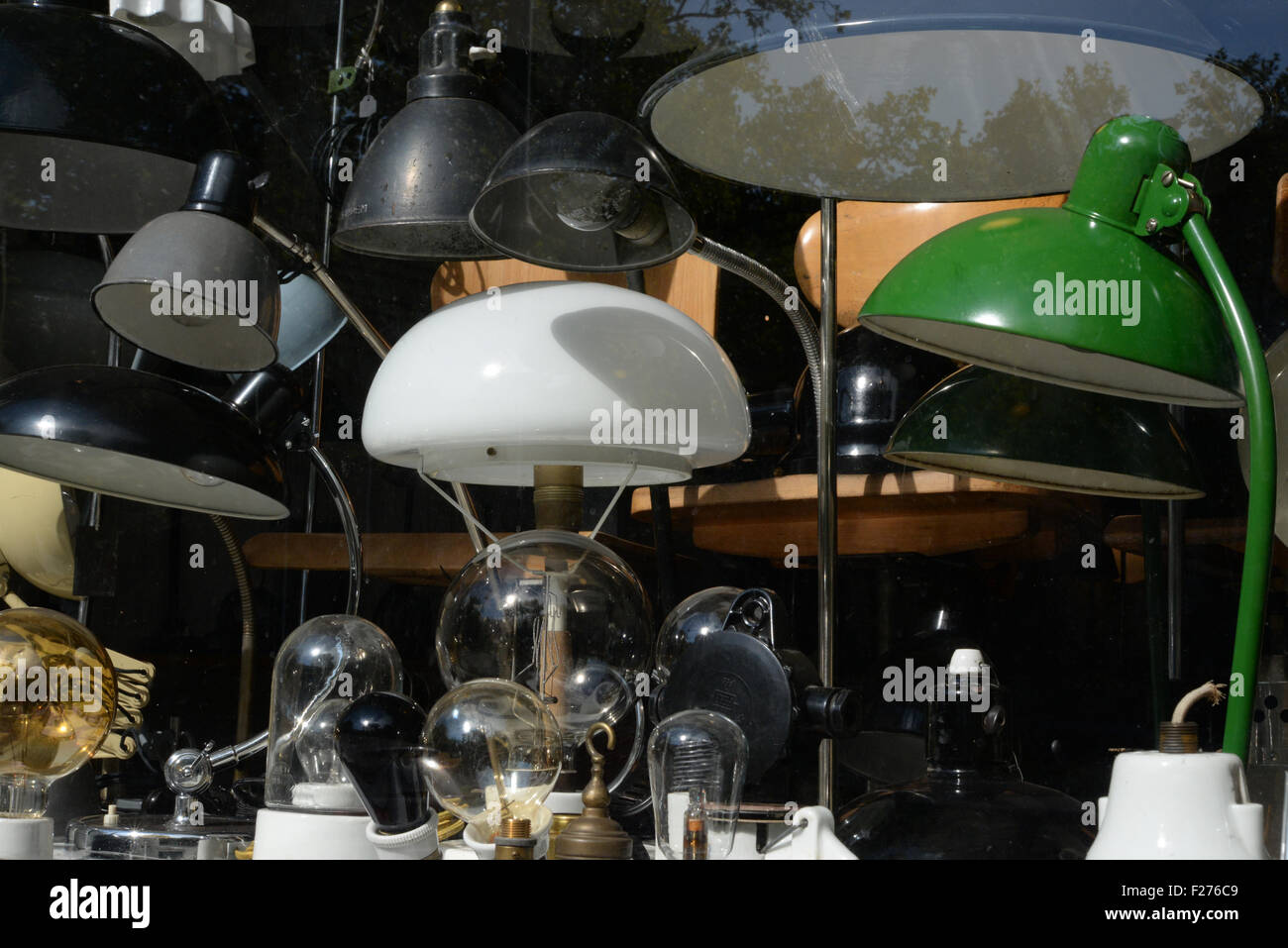 Lampade e lampadine per domestici e industriali di dimensioni e forme diverse con gli accessori sul display Foto Stock