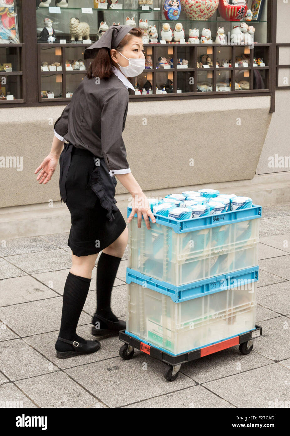 La donna che porta due cesti di rotoli di carta igienica, Asakusa, Taito City, Tokyo, Giappone. Foto Stock