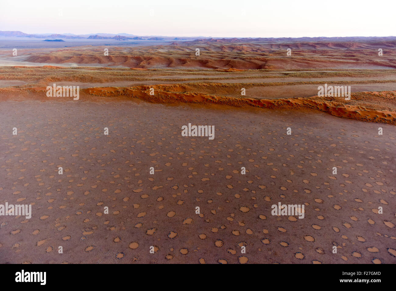 Vista aerea di fairy cerchi, situato nel deserto del Namib, il Namib-Naukluft Parco Nazionale della Namibia. Foto Stock