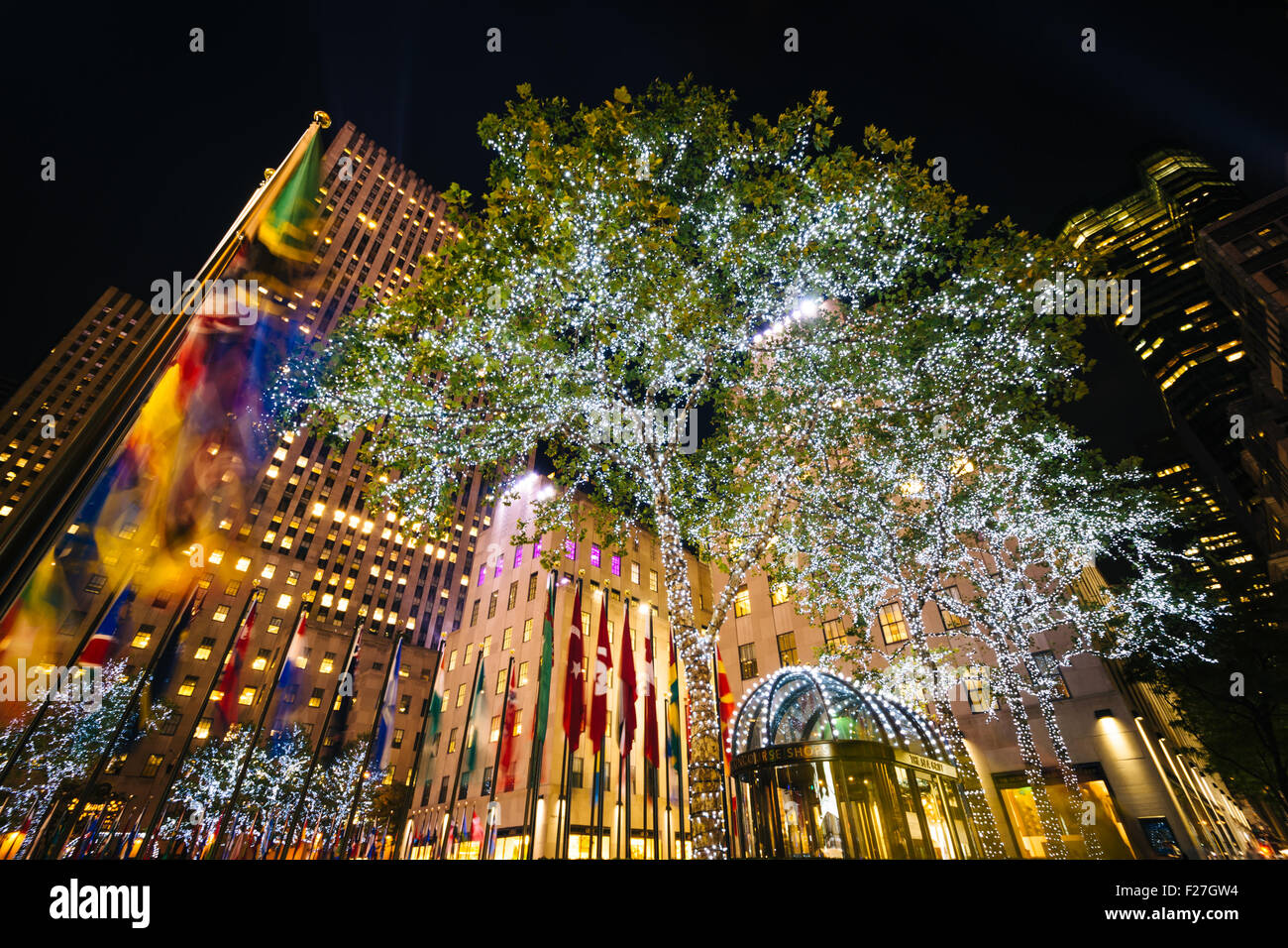 Luci su alberi ed edifici di notte al Rockefeller Center nel centro di Manhattan, New York. Foto Stock