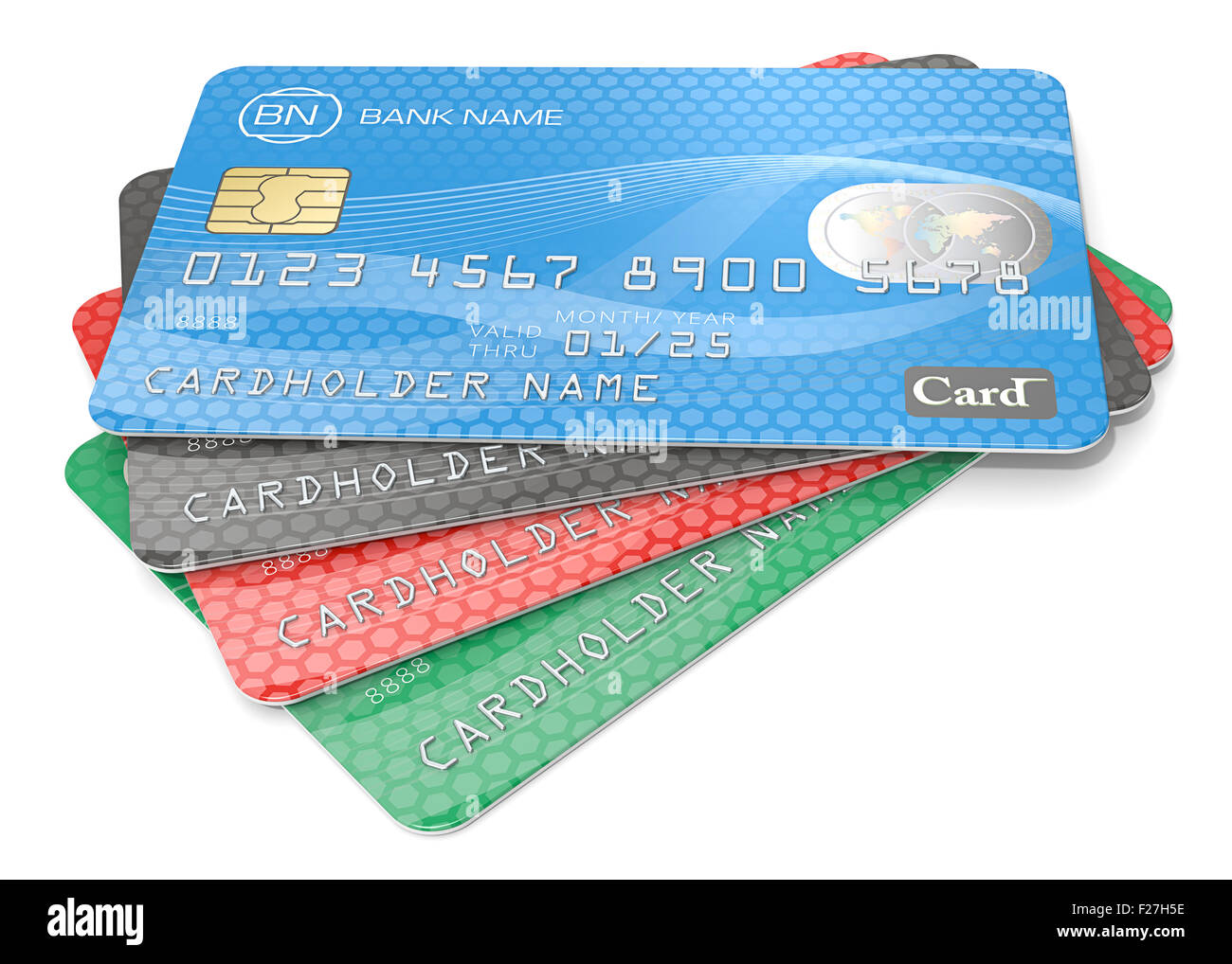 Pila di 4 carte di credito. Blu, nero rosso e verde. Nomi generici, numeri e loghi. Foto Stock