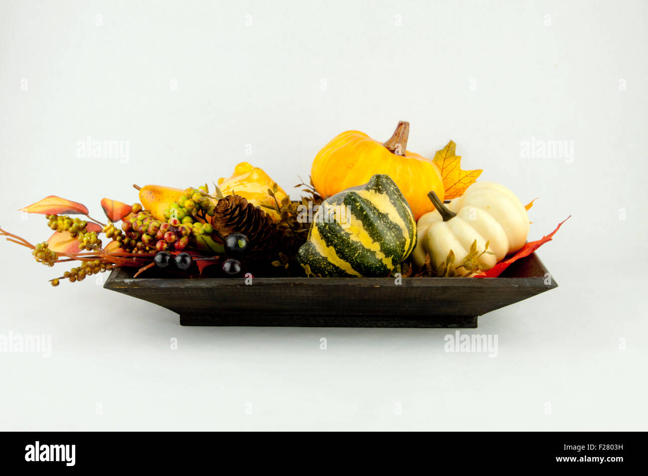 Zucche e foglie di autunno su sfondo bianco Foto Stock