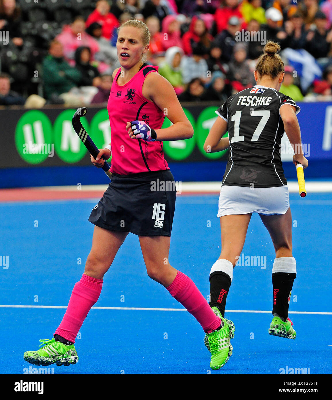 24.08.2015. Londra, Inghilterra. Unibet EuroHockey Championships il giorno 4. Scozia v Germania. Rebecca Merchant (SCO) in azione Foto Stock