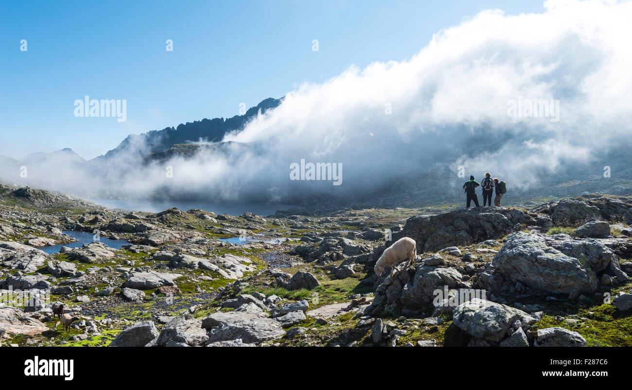 Silhouette di tre escursionisti di fronte di nuvole, piccoli laghi di montagna, Klaffersee superiore, Klafferkessel, Greifenberg 2618m Foto Stock