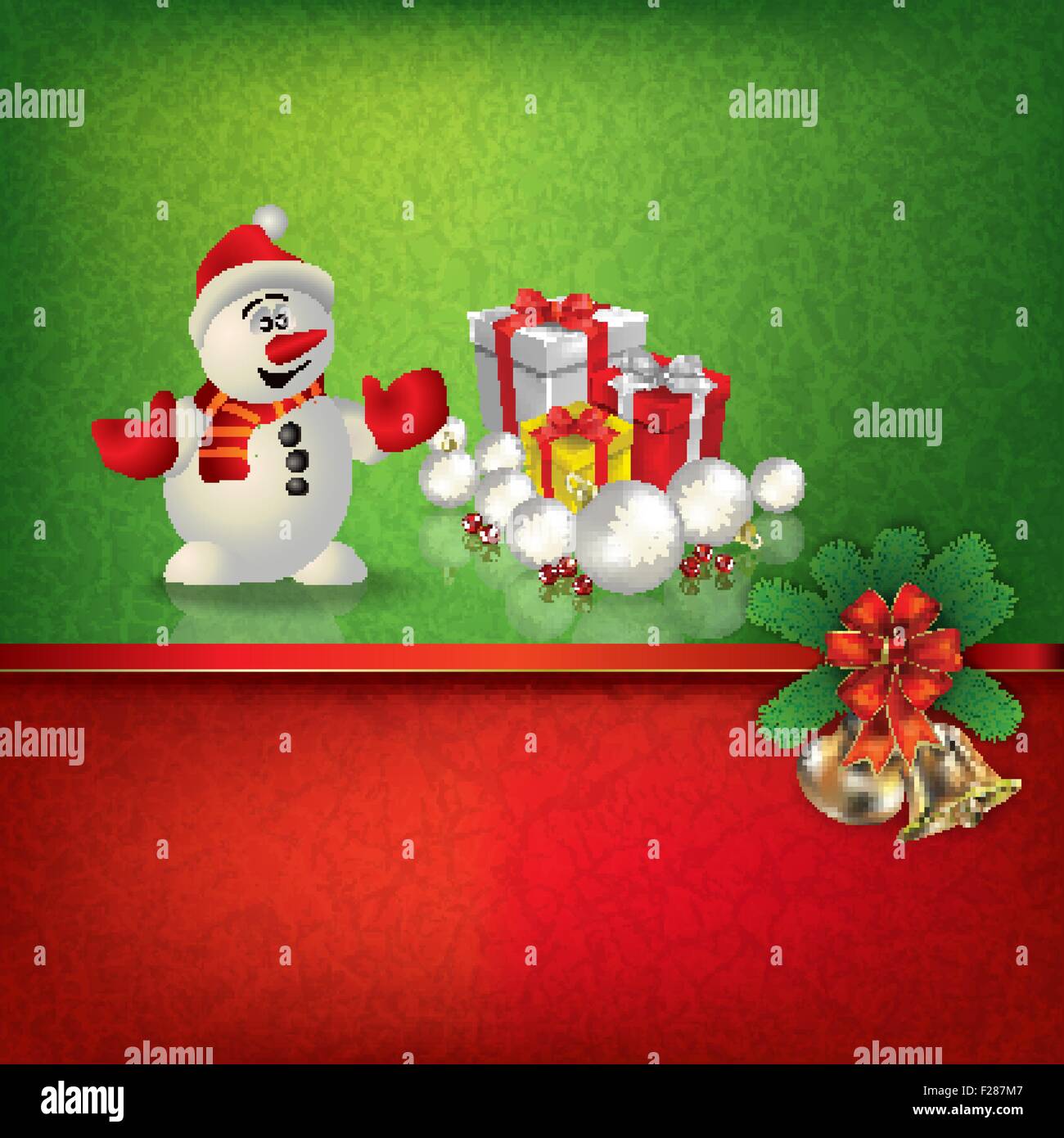 Abstract grunge rosso sfondo verde con pupazzo di neve e i regali di Natale Illustrazione Vettoriale