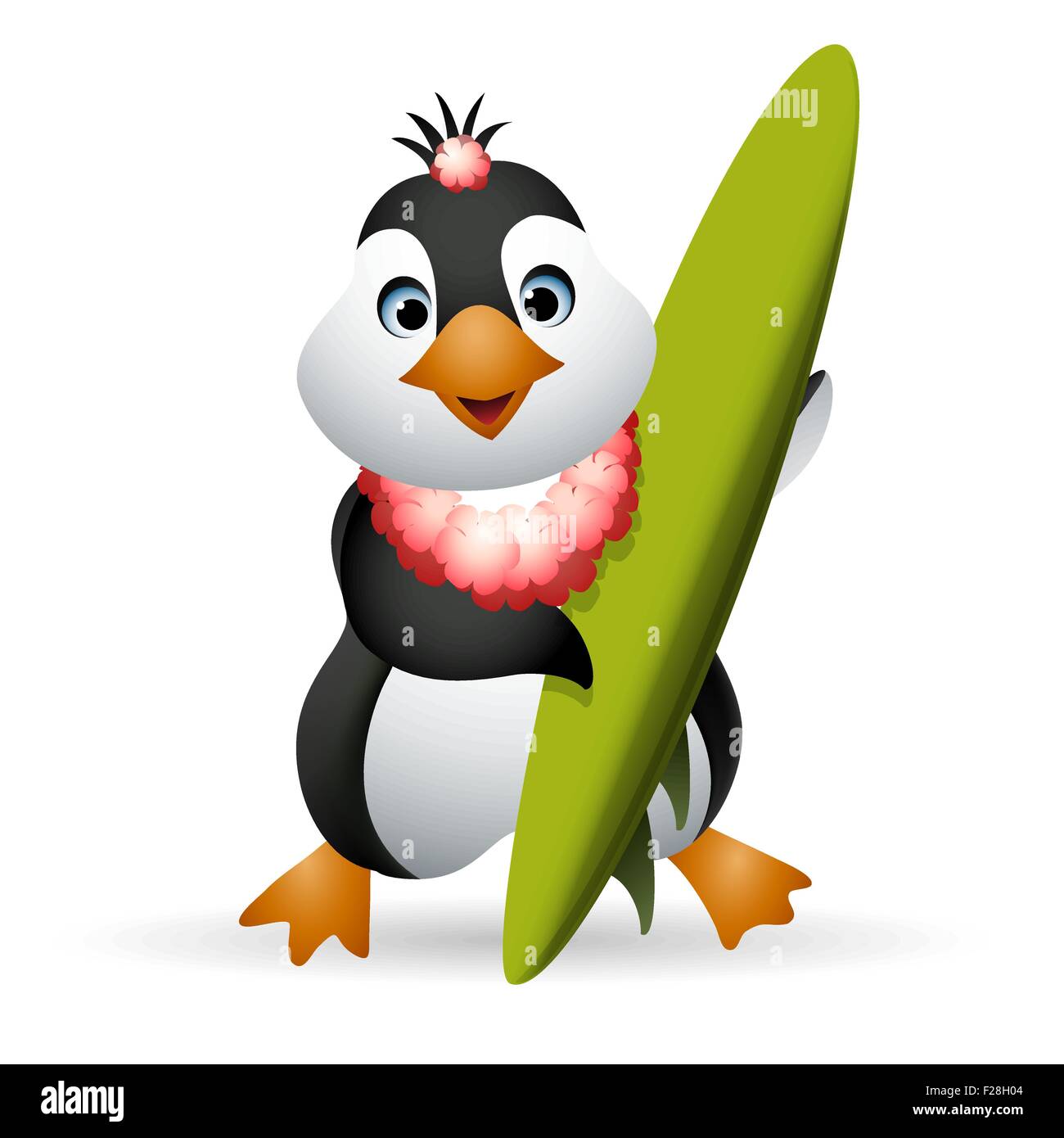 Pinguino in fiore collana in possesso di una tavola da surf. Illustrazione in stile cartoon. Isolato su sfondo bianco. Illustrazione Vettoriale