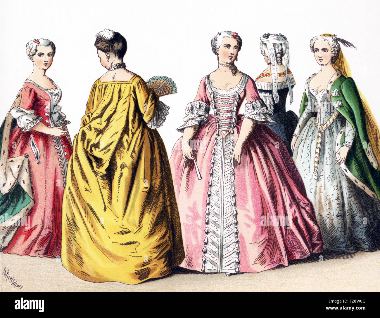 Le figure illustrate qui rappresentano il francese dame di rango di classe superiore per le donne tra il 1700 e il 1750. L'illustrazione risale al 1882. Foto Stock