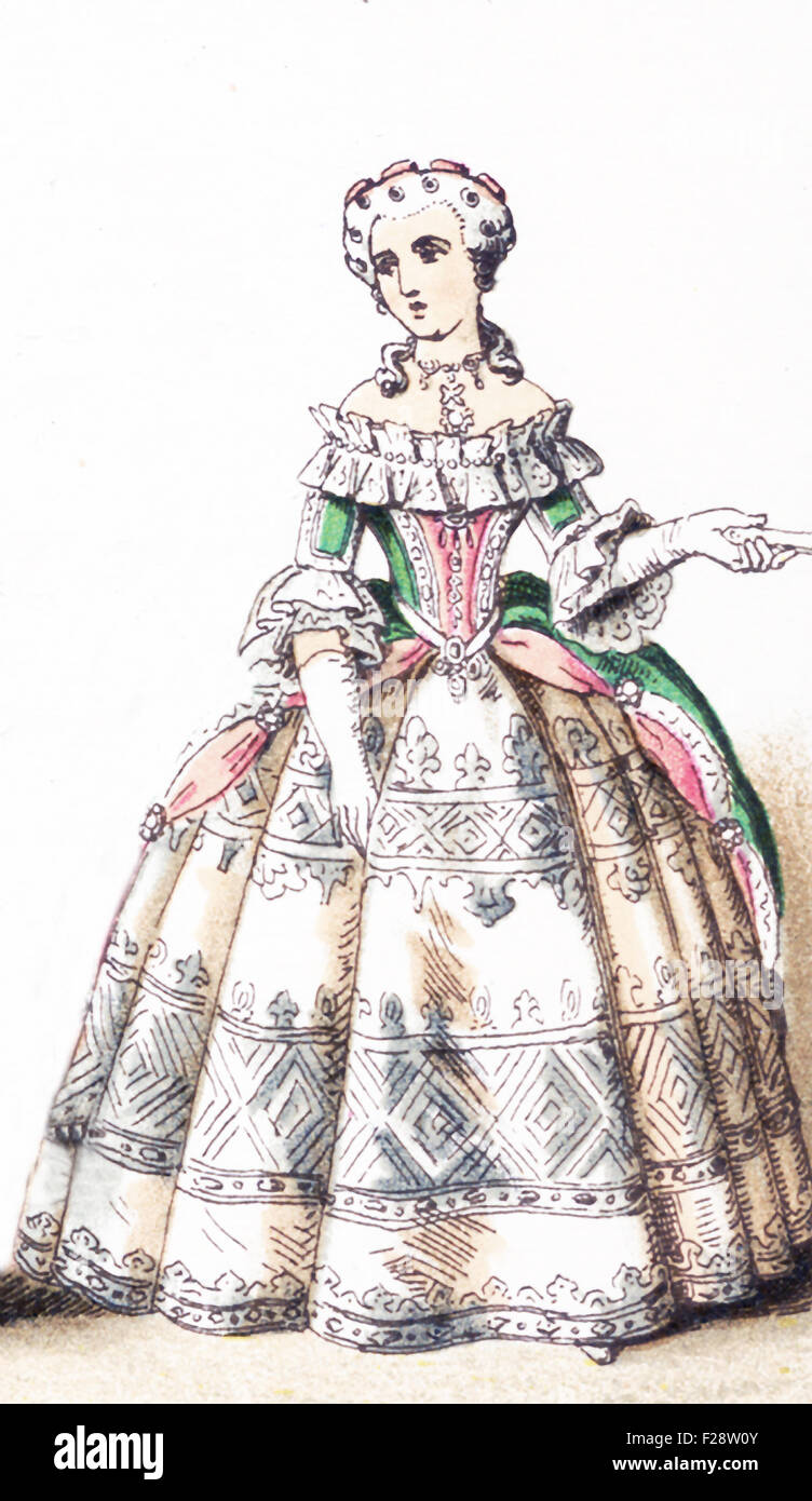 La figura illustrata qui rappresenta una signora francese di rango di classe superiore donna-tra il 1700 e il 1750. L'illustrazione risale al 1882. Foto Stock