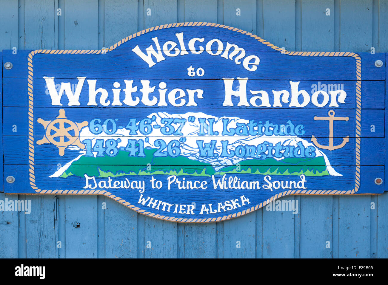 Whittier Porto segno di benvenuto. Foto Stock