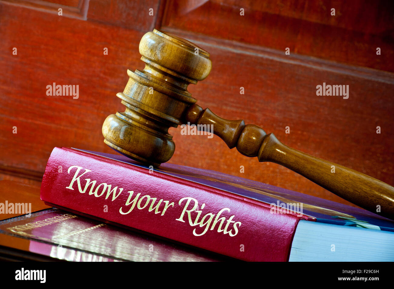 La tutela dei consumatori legge concetto Il concetto legale di giudici martello di legno su 'Conosci i tuoi diritti di consumatore personali consulenza giuridica sul libro rilegato in pelle Scrivania Foto Stock