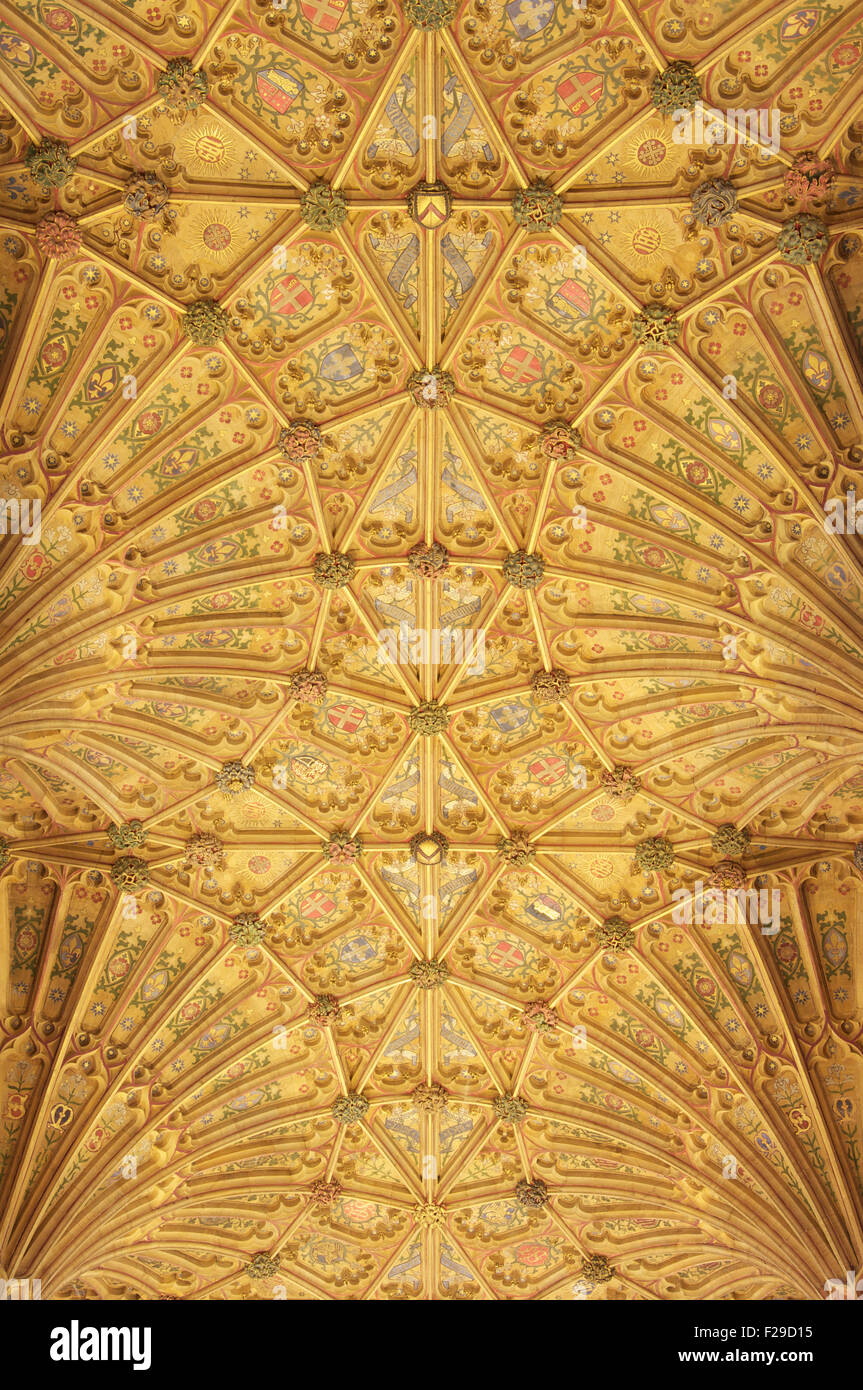 Il allestita ventola gotico soffitto a volte di Sherborne Abbey con il suo design colorato e simboli. Il Dorset, Inghilterra, Regno Unito. Foto Stock